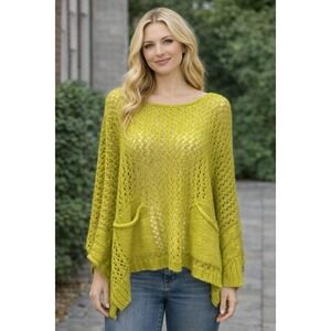 BCBGMAXAZRIA Lime Green Open Knit Poncho Sweater Wool Blend S/M Pockets